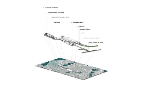 Estación de Ferrocarril de Bolonia Diseño de axonometrica de entorno de Cruz y Ortiz Arquitectos