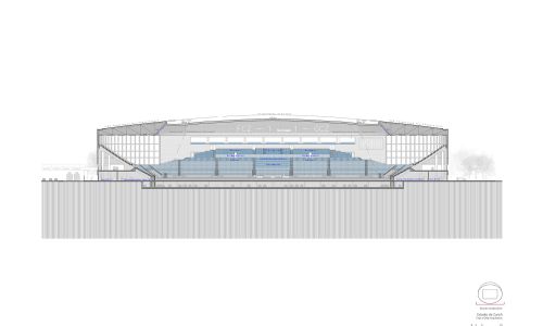 Estadio de Fútbol Grashopper Diseño de plano de sección longitudinal completa de Cruz y Ortiz Arquitectos