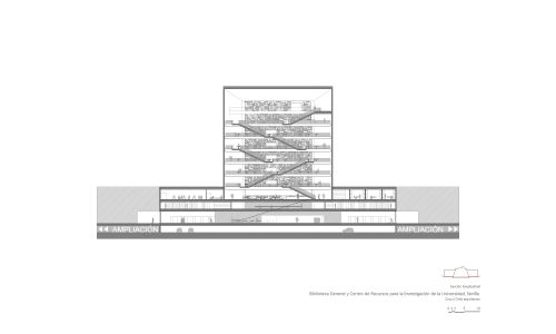 Biblioteca de la Universidad de Sevilla Diseño de plano de sección longitudinal de Cruz y Ortiz Arquitectos