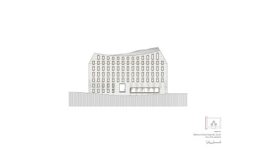 Oficina Central de Swiss Diseño de plano de alzado sur de Cruz y Ortiz Arquitectos
