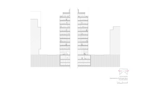 Apartamentos Penthoses en Beirut Diseño plano de sección longitudinal de Cruz y Ortiz Arquitectos