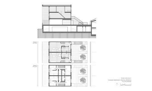 Complejo Residencial de Manresa Diseño de plano de detalle de tipología de vivienda adosada en planta y sección de Cruz y Ortiz Arquitectos