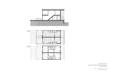 Complejo Residencial de Manresa Diseño de plano de detalle de tipología de vivienda adosada en planta y sección de Cruz y Ortiz Arquitectos