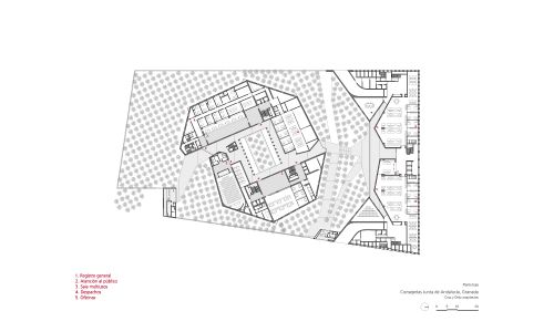 Oficinas de la Junta de Andalucía en Granada Diseño de plano de palnta baja de Cruz y Ortiz Arquitectos