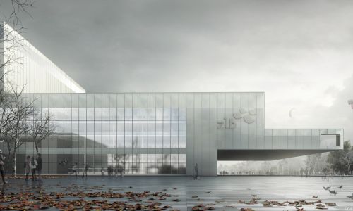 Biblioteca Central en Berlín Diseño exterior de tempelhof de voladizo de porche y fachada muro cortina acristalado Cruz y Ortiz Arquitectos