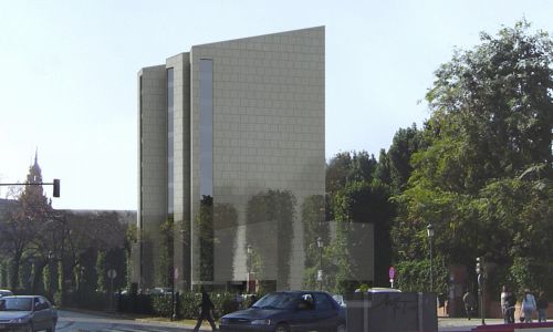 Biblioteca de la Universidad de Sevilla Diseño exterior de fachada acabada en aplacado de piedra de Cruz y Ortiz Arquitectos
