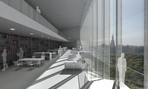 Biblioteca de la Universidad de Sevilla Diseño interior de sala de lectura con vistas sobre parque de Cruz y Ortiz Arquitectos