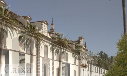 Caixa Forum en Atarazanas de Sevilla Diseño exterior de plaza de entrada peatonal y fachada restaurada de Cruz y Ortiz Arquitectos
