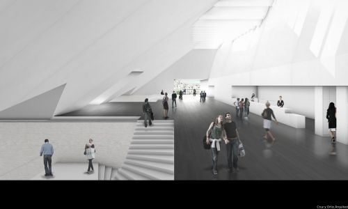 Caixa Forum en Atarazanas de Sevilla Diseño interior de hall de entrada bajo cubierta con lucernarios de Cruz y Ortiz Arquitectos