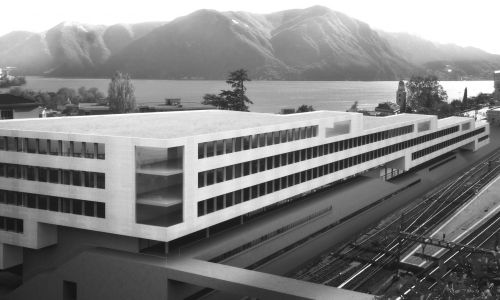 Vista aerea noreste de Campus Universitario de Supsi en Lugano Diseño de entorno y fachada Cruz y Ortiz Arquitectos