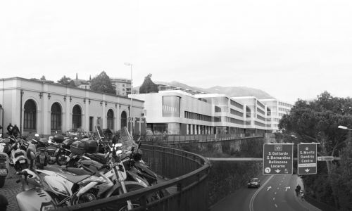 Vista aerea sureste de Campus Universitario de Supsi en Lugano Diseño de entorno y fachada Cruz y Ortiz Arquitectos