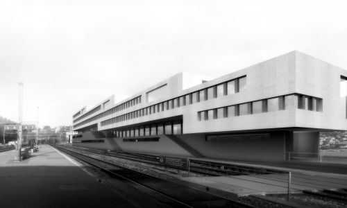 Vista aerea sureste de Campus Universitario de Supsi en Lugano Diseño de entorno desde la estación Cruz y Ortiz Arquitectos