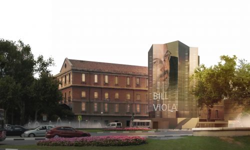 Centro de Artes Visuales en Madrid Diseño de exterior con proyección de video sobre fachada de vidrio de Cruz y Ortiz Arquitectos