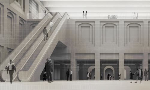 Centro de Artes Visuales en Madrid Diseño de interior de patio cubierto con lucernario y escaleras mecánicas de Cruz y Ortiz Arquitectos