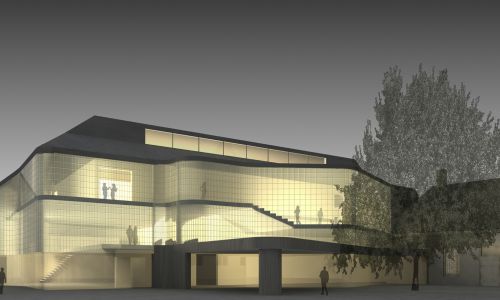 Ampliación de Centro Audiovisual Alkmaar Diseño exterior con iluminación nocturna desde espacio público de Cruz y Ortiz Arquitectos