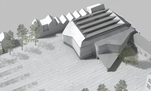 Ampliación de Centro Audiovisual Alkmaar Diseño Exterior de porche de entrada en plaza esapacio público de Cruz y Ortiz Arquitectos