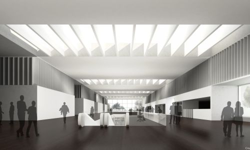 Ciudad de la Justicia de Jaén Diseño interior de hall de entrada y lucernarios de Cruz y Ortiz Arquitectos