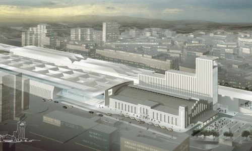 Estación de Ferrocarril de La Coruña Diseño de vista aérea de proyecto integrado en la ciudad de Cruz y Ortiz Arquitectos