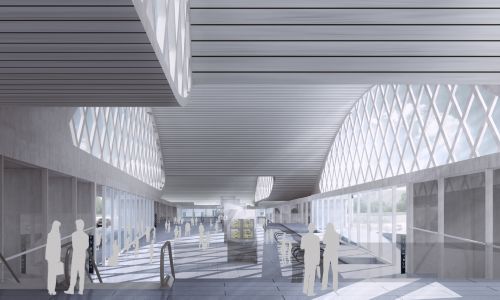 Estación de Ferrocarril de Ourense Diseño interior de puente pasarela con fachadas en celosía bajo cubierta curva en inclinada de Cruz y Ortiz Arquitectos