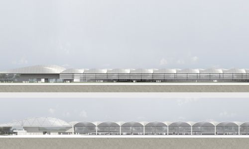 Estación de Ferrocarril de alta velocidad de Huelva Diseño de alzado y sección longitudinal de Cruz y Ortiz Arquitectos