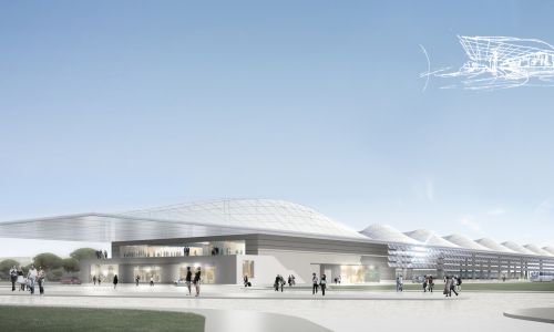 Estación de Ferrocarril de alta velocidad de Huelva Diseño de vista exterior de alzado y vestíbulo Cruz y Ortiz Arquitectos