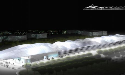 Estación de Ferrocarril de alta velocidad de Huelva Diseño de iluminación nocturna de vista aérea exterior Cruz y Ortiz Arquitectos