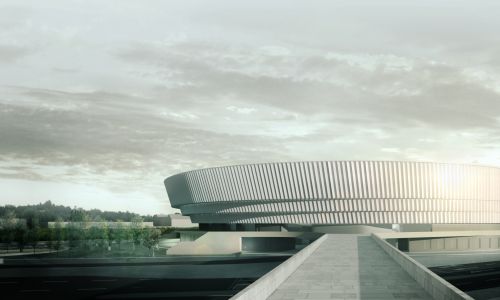 Estadio de Fútbol Grashopper Diseño de exterior de llegada por pasarela puente de Cruz y Ortiz Arquitectos