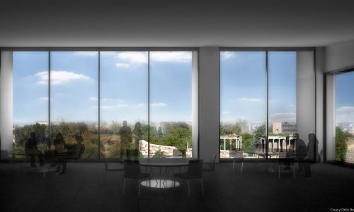 Museo de Arte Visigodo en Merida Diseño interior de cafetería restaurante con ventanal hacia exterior de Cruz y Ortiz Arquitectos