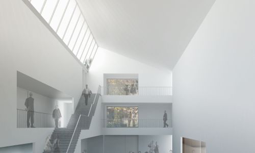Museo de Arte Visigodo en Merida Diseño interior de hall de acceso con escaleras y lucernario de Cruz y Ortiz Arquitectos
