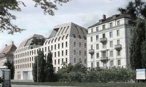 Oficina Central de Swiss Diseño exterior integrado en trama urbana de Cruz y Ortiz Arquitectos