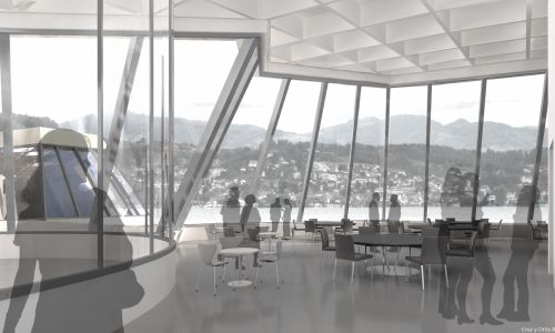 Oficina Central de Swiss Diseño interior de cafetería mirador de Cruz y Ortiz Arquitectos