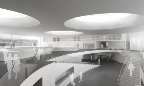 Oficina Central de Swiss Diseño interior de hall de entrada de Cruz y Ortiz Arquitectos