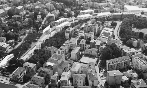 Facultades del Campus Universitario Supsi en Lugano vista aérea de Diseño de conjunto Cruz y Ortiz Arquitectos