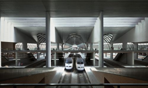 Estación de Santa Justa Diseño de las rampas y andenes, con el Tren de Alta Velocidad AVE Cruz y Ortiz Arquitectos