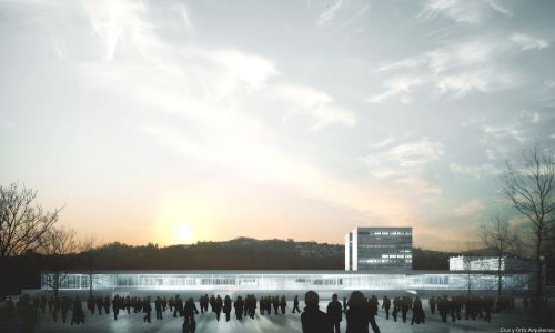 Estadio de Futbol y Eventos en Lugano Diseño de torres de oficinas y congresos sobre cubierta de oficinas con fachada de muro cortina Cruz y Ortiz Arquitectos