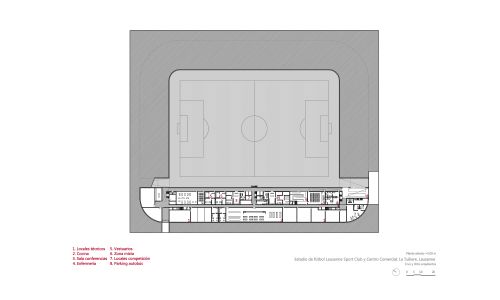 Estadio de fútbol Lausanne Tuilere Diseño de plano de planta sótano Cruz y Ortiz Arquitectos