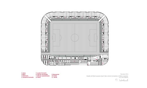 Estadio de fútbol Lausanne Tuilere Diseño de plano de planta baja Cruz y Ortiz Arquitectos