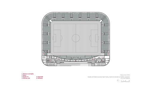 Estadio de fútbol Lausanne Tuilere Diseño de plano de planta primera Cruz y Ortiz Arquitectos