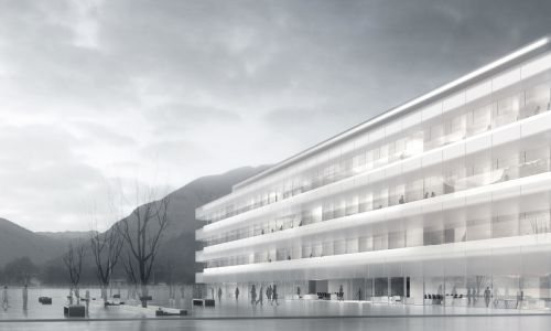 Instituto de Investigación de Biomedicina Bellinzona Diseño exterior de fachada de vidrio y entorno Cruz y Ortiz Arquitectos