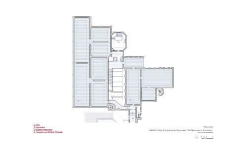 Pabellón Philips Wing Rijksmuseum de Exposiciones temporales Diseño de plano de planta primera Cruz y Ortiz Arquitectos